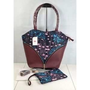 Wine Red Floral Pattern Nylon Faux Leather Tote Bag w/Clutch Set